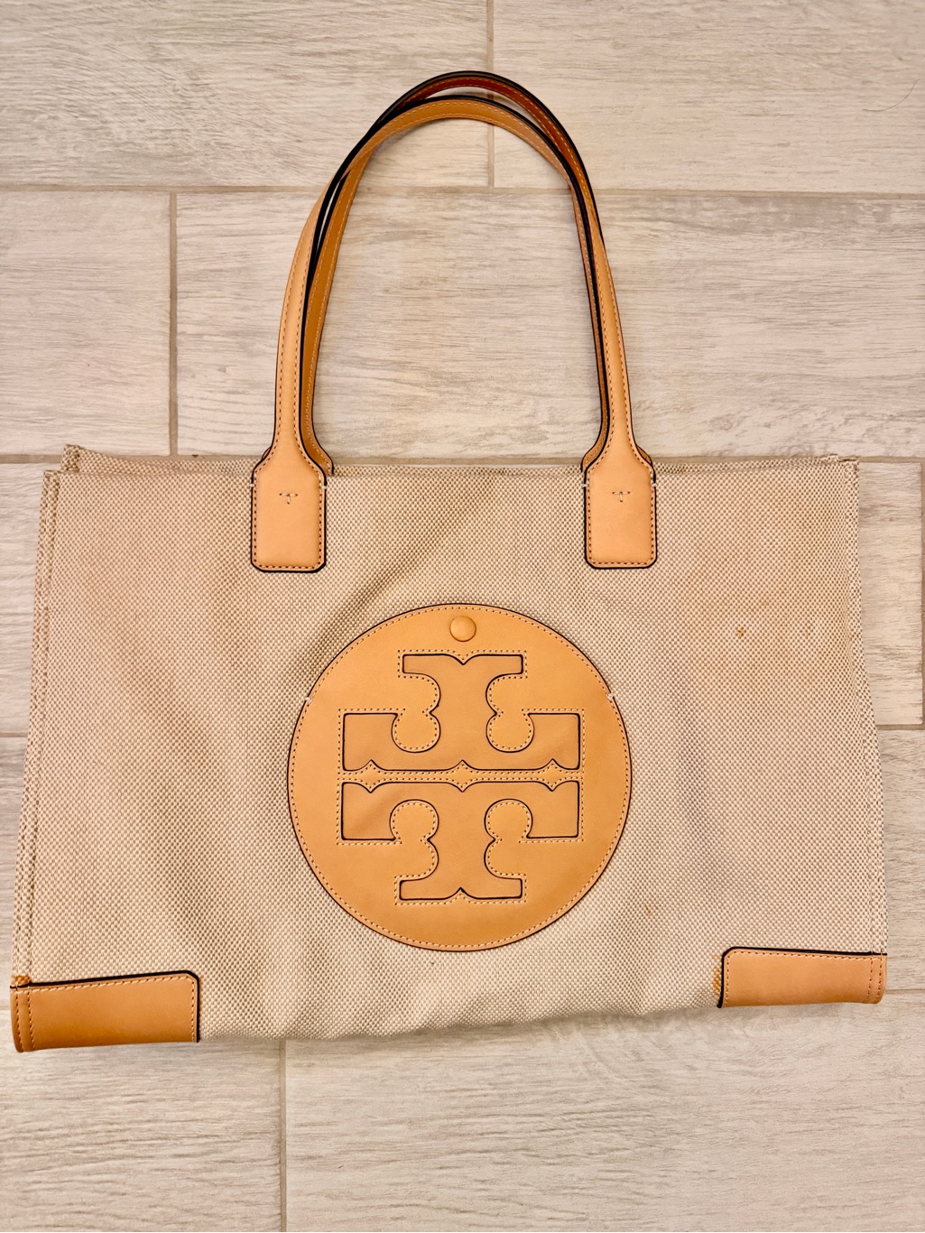 Tory Burch Ella Beige Canvas Tote With Tan Leather Logo